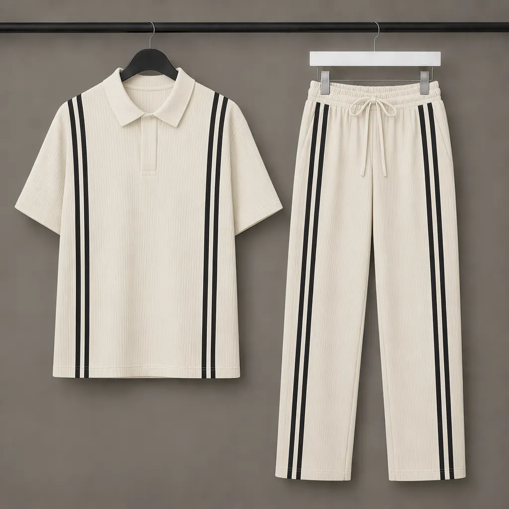 Men’s Loose Fit Zipper Polo & Trouser Set – Off white
